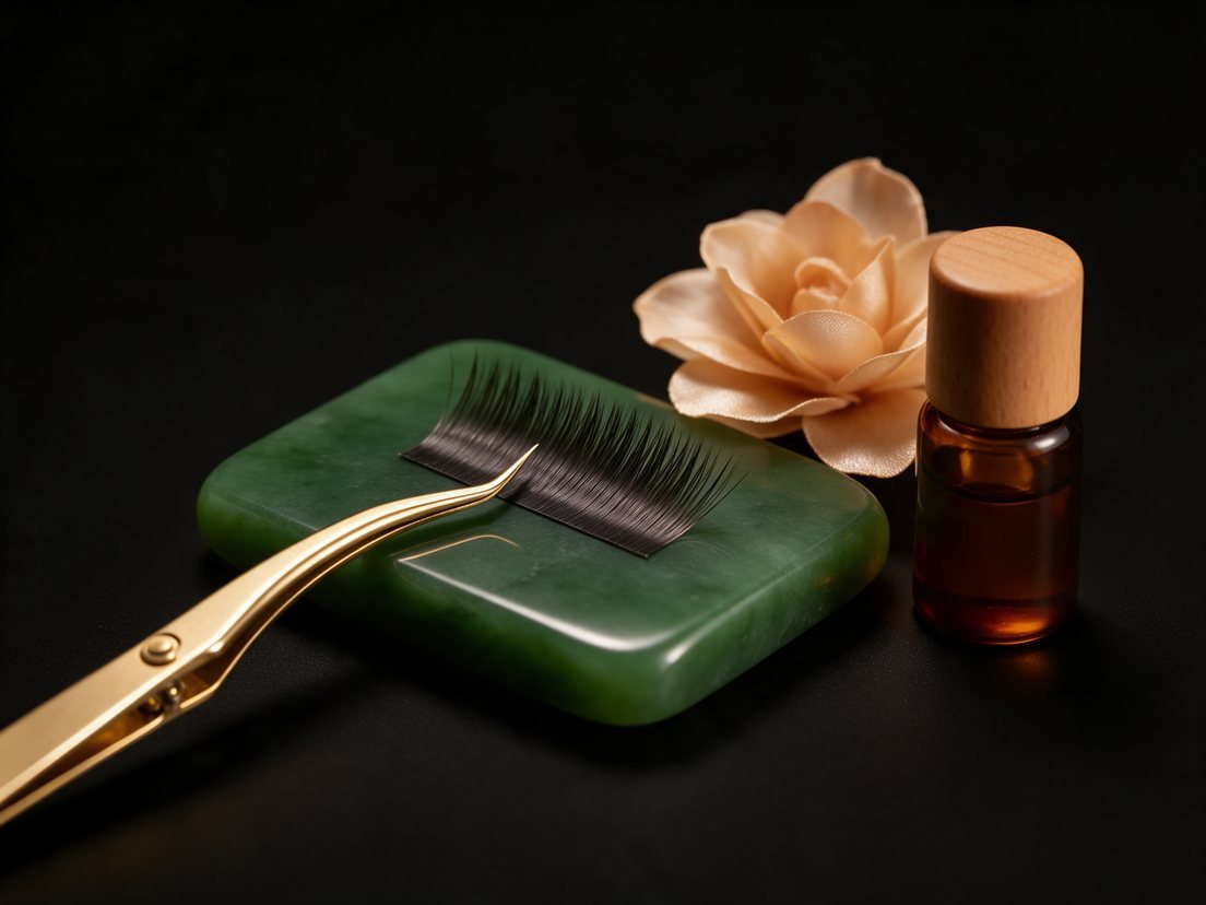 Lash extension tweezers and lash fans on a jade tile