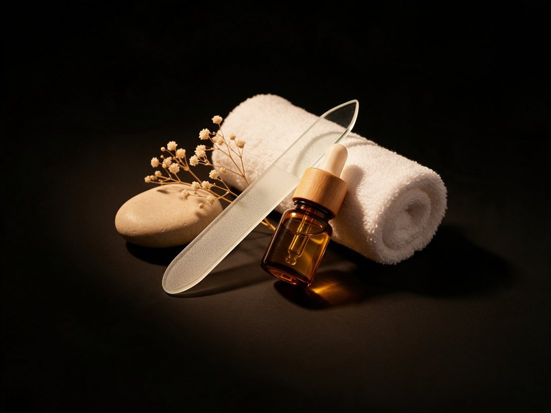 Manicure tools: nail file, cuticle oil and a hot towel