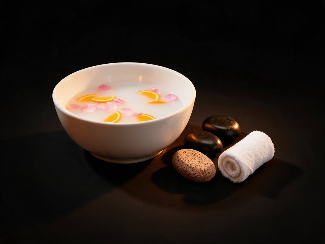 Pedicure soak bowl with orange slices, hot stones and a warm towel