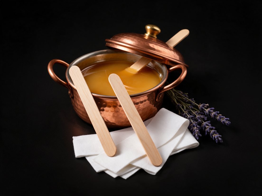 Copper wax pot with wooden spatulas and lavender