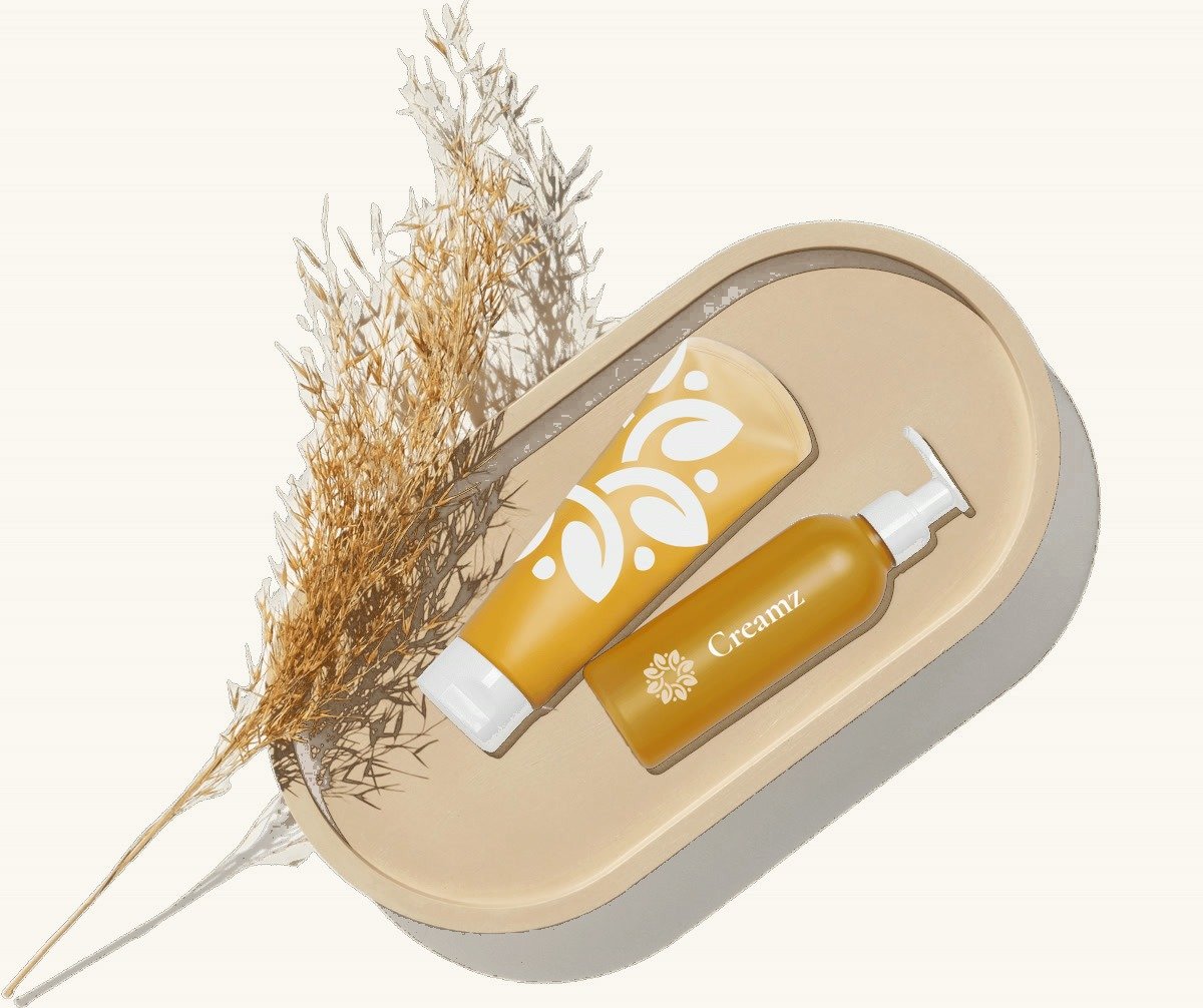 Spa products arranged on a tray with dried pampas grass